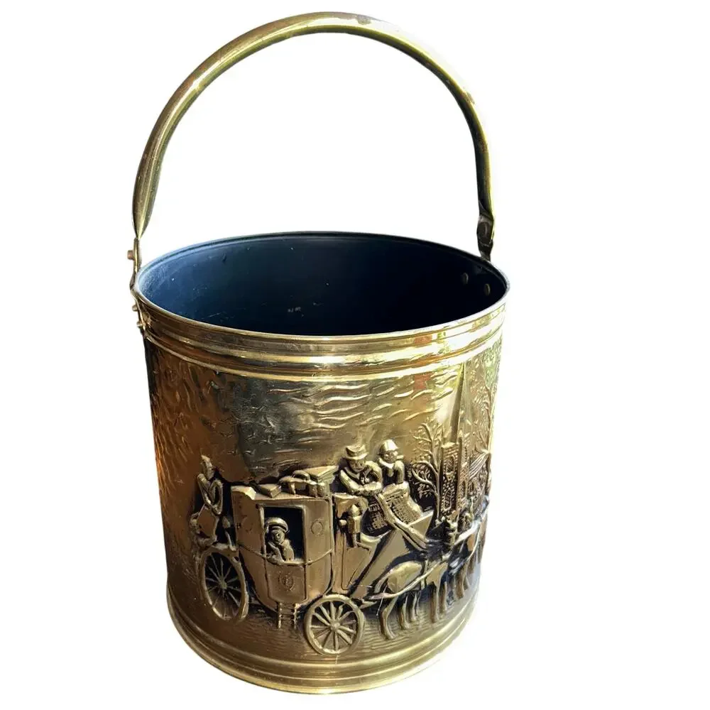 Vintage MCM Brass Coal Bucket England gold tone embossed coach and horses